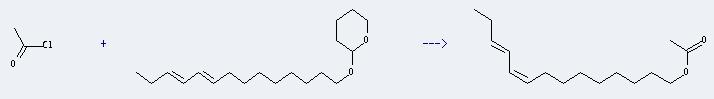9,11-Tetradecadien-1-ol,1-acetate, (9E,11Z)- can be prepared by acetyl chloride and 1-(tetrahydro-2H-pyran-2-yl)oxy 9, 11-tetradecadiene